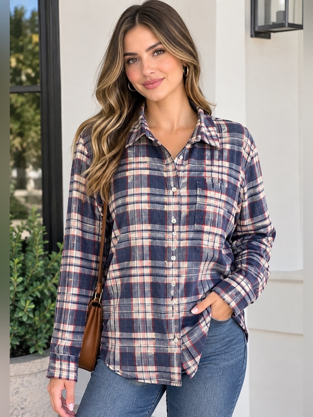 J. Crew Navy, Cream & Red Plaid Button-Down Shirt